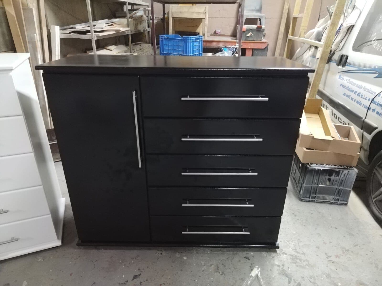 Black chest of drawers with a side cupboard, made to the client's spec