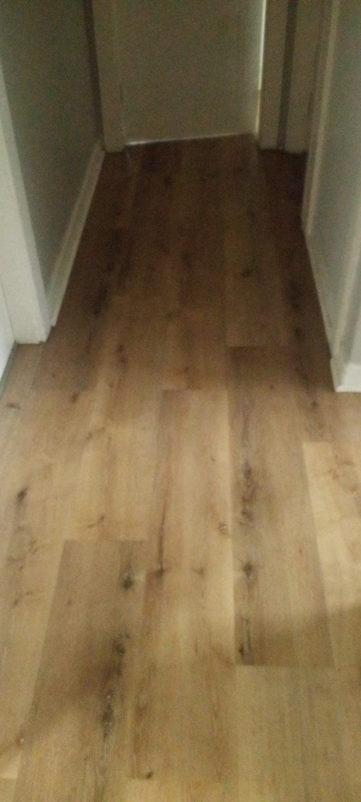 Plank flooring laid down a passage with neat edges at the walls