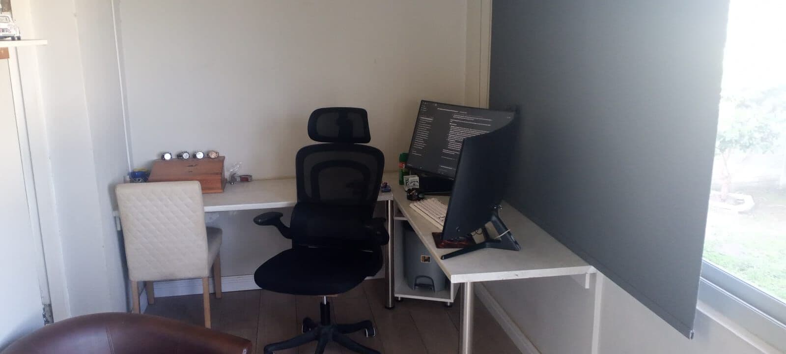 Custom white office desk built to fit a home office