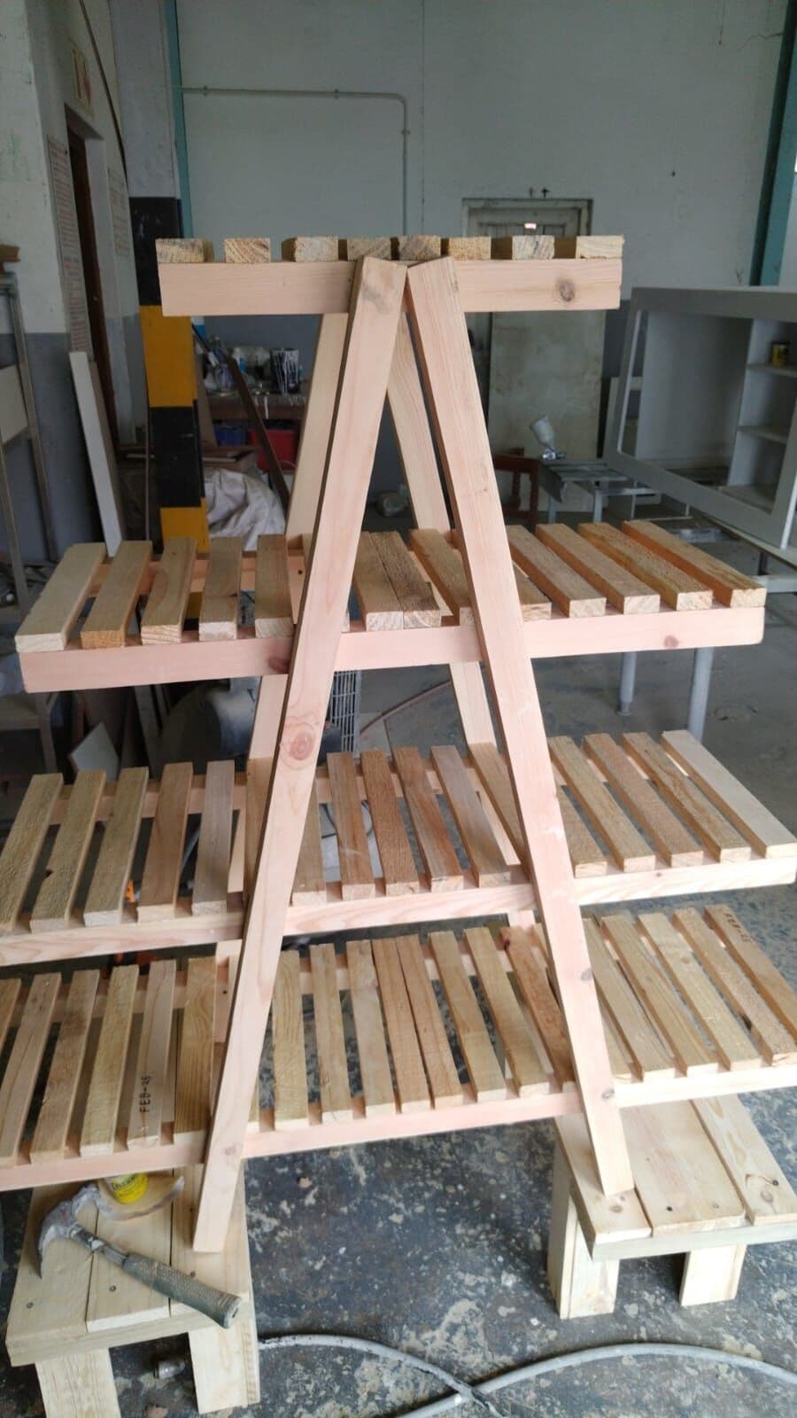Pine A-frame plant stand with slatted shelves